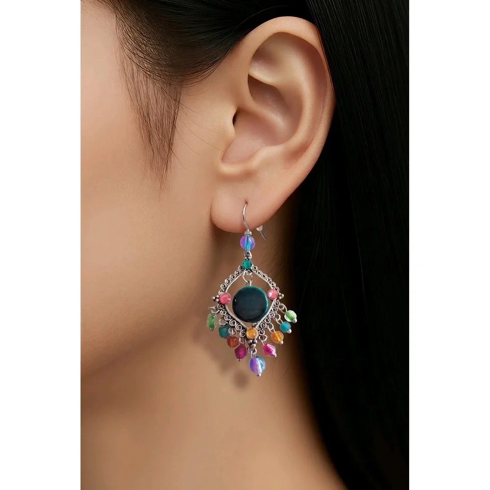 Boho Chic Dangle Earrings‎ Silver Tone Colorful Bead Statement Jewelry